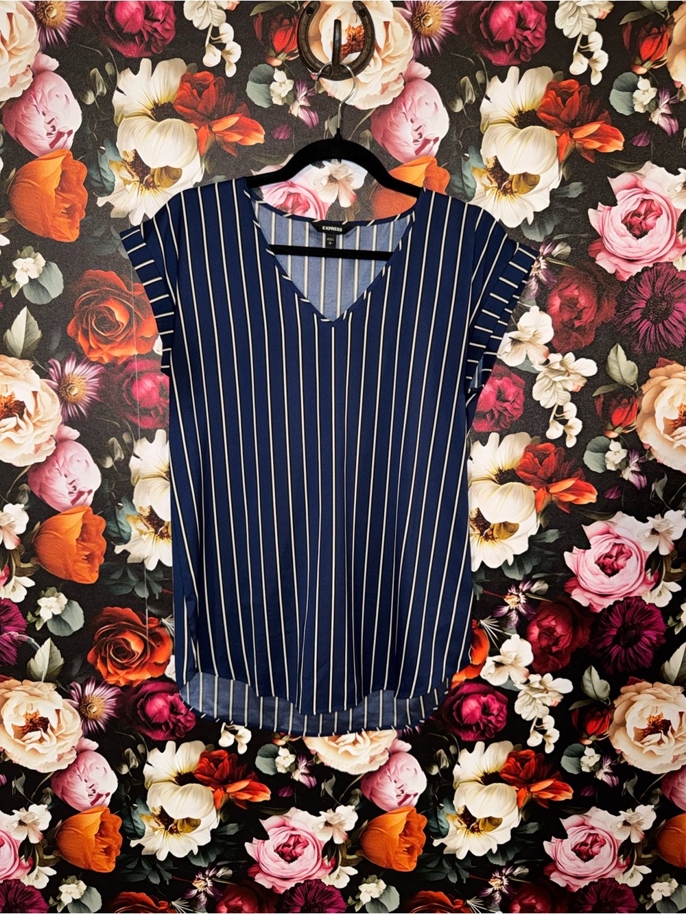 Express Women’s Navy, Black & White Striped V-Neck Gramercy Top, Small